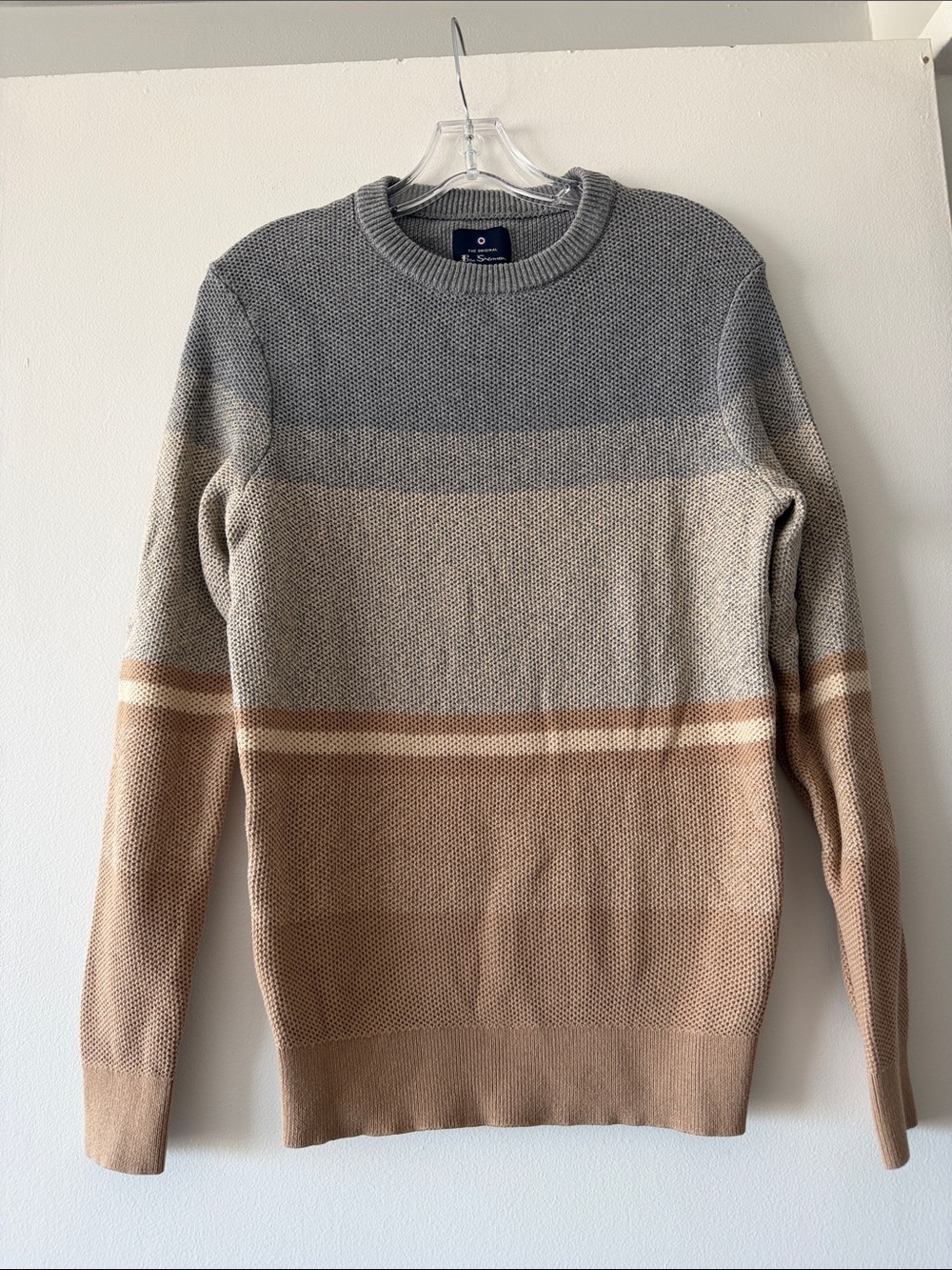 Ben Sherman Men's Colorblock Knit Crewneck Sweater Gray Tan Striped Small